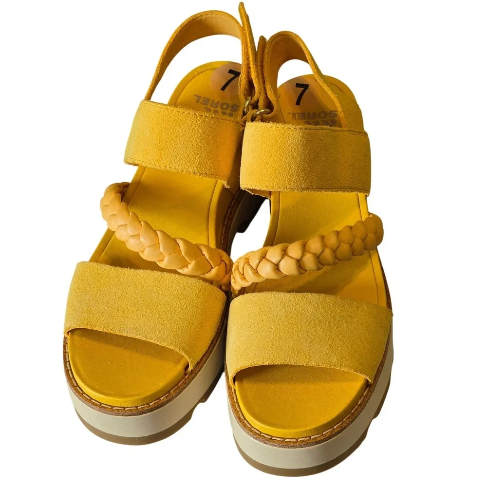 Sorel Yellow Platform Sandals Size 7 Braided Strap Suede Sporty Chic - Picture 1 of 6